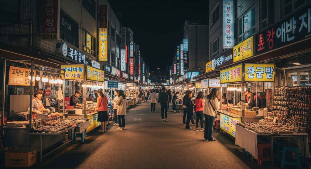 Mercado nocturno en Corea del Sur iluminado, lleno de puestos de comida callejera y visitantes locales y turistas.